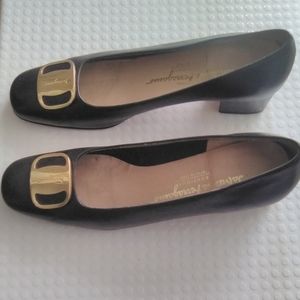 Gold Logo Ferragamo Square Heel Pumps 7 AA EUC